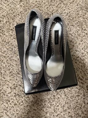Walter Steiger Metallic Gray Snake-Embossed Pointed Pumps